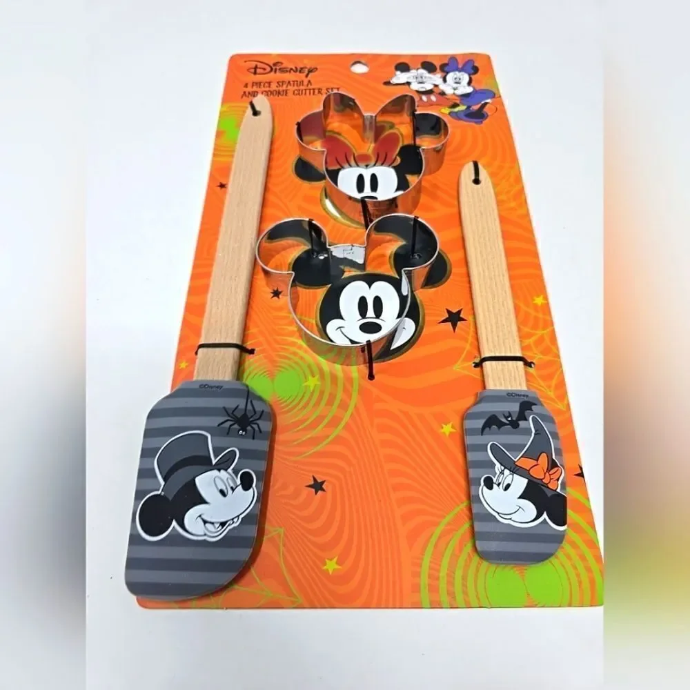 New! Disney Mickey & Minnie Halloween 4 Pc Spatula & Cookie Cutter Set